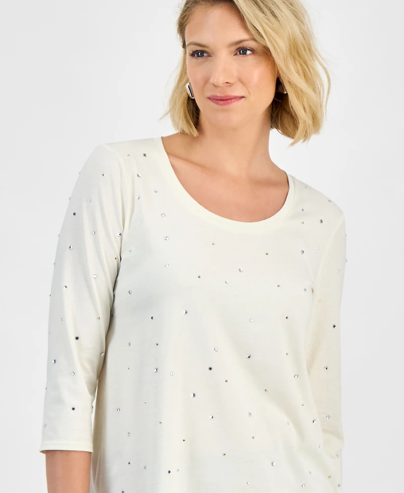 Jm Collection Women's Rhinestone Embellished Cotton 3/4-Sleeve Top, Macy's Exclusive