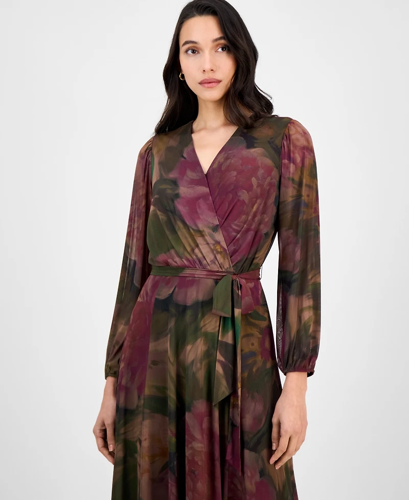 Robbie Bee Petite Long-Sleeve Printed Mesh Midi Dress