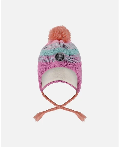Deux par Girl Lined Peruvian Knit Pompom Hat Pink, Orange and Turquoise - Toddler|Child
