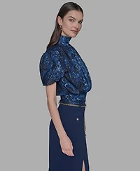 Karl Lagerfeld Paris Women's Metallic Printed Puff-Sleeve Top