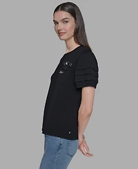 Karl Lagerfeld Paris Women's K-Pin Puff-Sleeve Crewneck Top