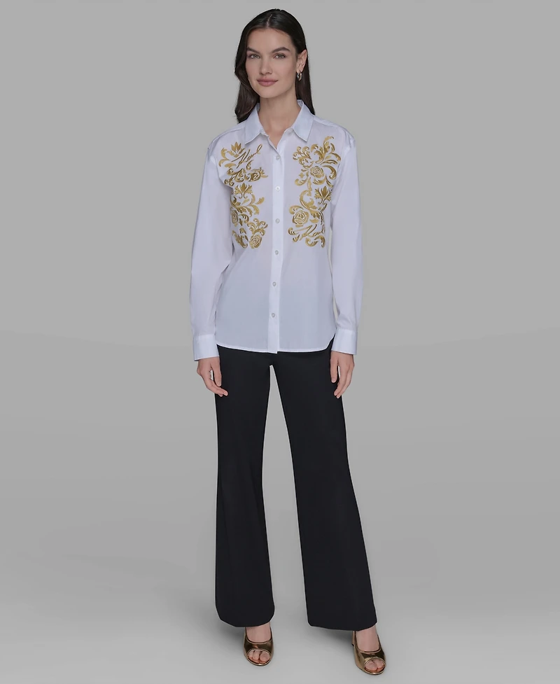 Karl Lagerfeld Paris Women's Cotton Embroidered Button-Front Top