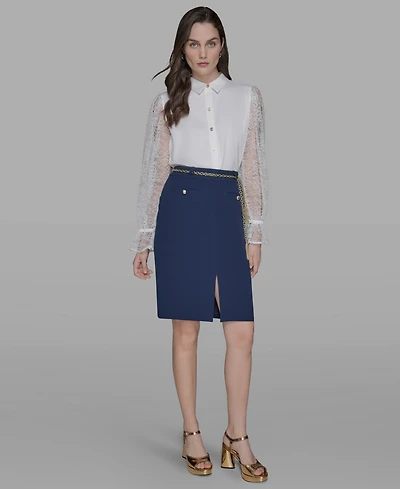 Karl Lagerfeld Paris Women's Chain-Belt Front-Slit Pencil Skirt