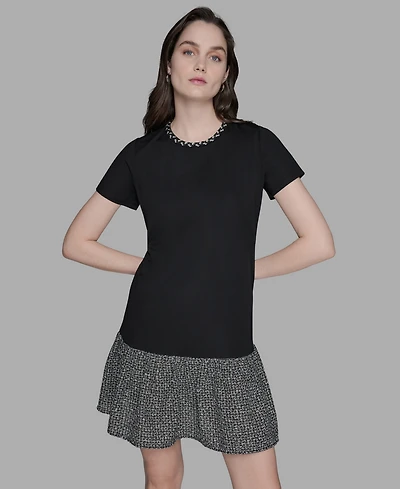 Karl Lagerfeld Paris Women's Ruffle Trim Knit Short Sleeve Dress