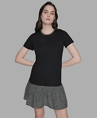 Karl Lagerfeld Paris Women's Ruffle Trim Knit Short Sleeve Dress