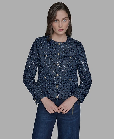 Karl Lagerfeld Paris Women's Sequin Pocket-Front Denim Jacket