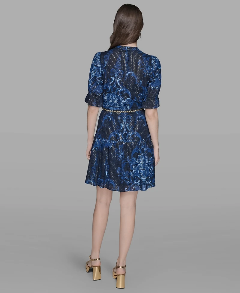 Karl Lagerfeld Paris Women's Printed Chain-Belt Ruffle-Sleeve Dress