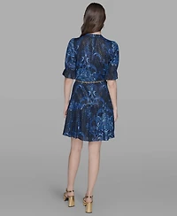 Karl Lagerfeld Paris Women's Printed Chain-Belt Ruffle-Sleeve Dress