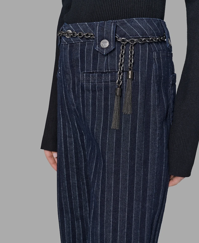 Karl Lagerfeld Paris Women's Striped Denim Belted Wide-Leg Pants