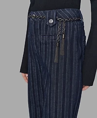 Karl Lagerfeld Paris Women's Striped Denim Belted Wide-Leg Pants
