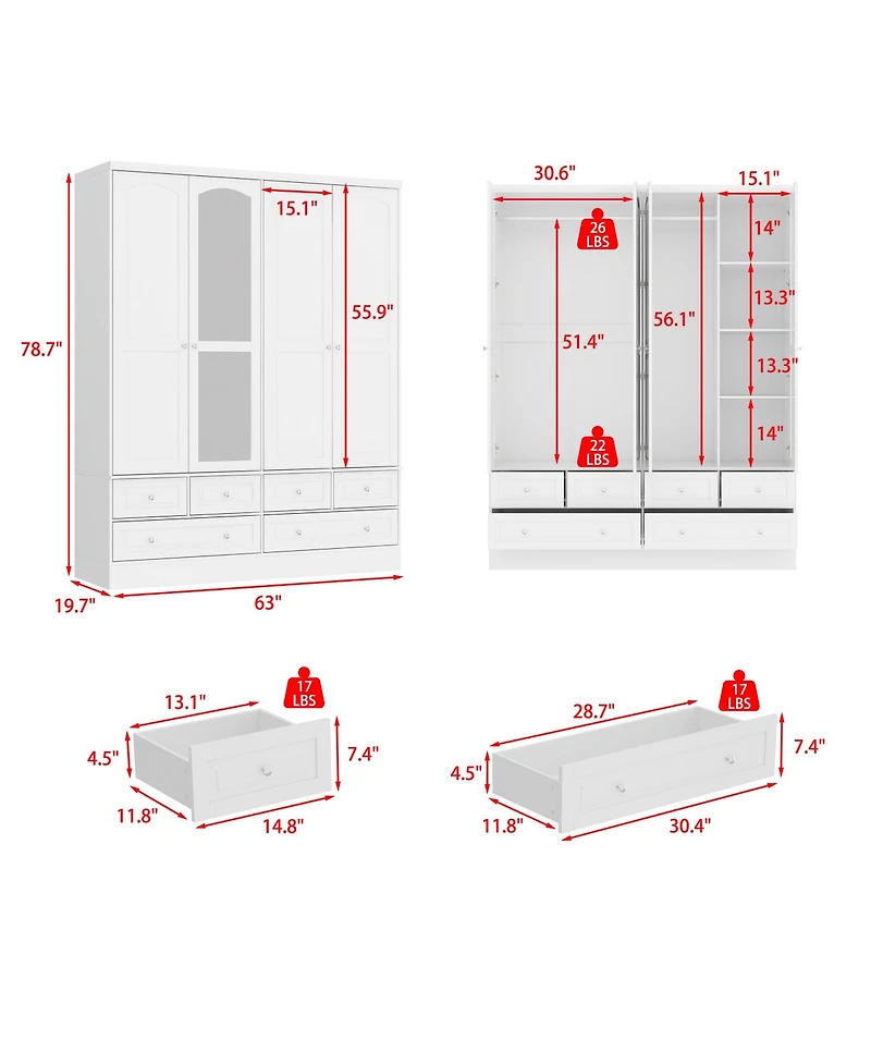 Homsee Luxury white 4-door 6-drawer wardrobe with mirror, bedroom Armoire, Closet