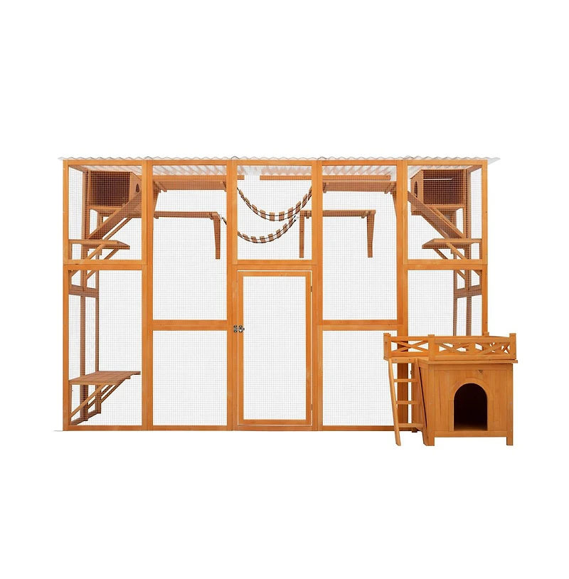 Aostirmotor 118 in. Outdoor Wooden Cat house Cat shelves with Window Box in Natural