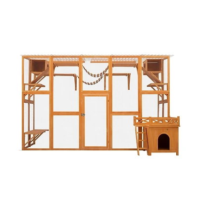 Aostirmotor 118 in. Outdoor Wooden Cat house Cat shelves with Window Box in Natural