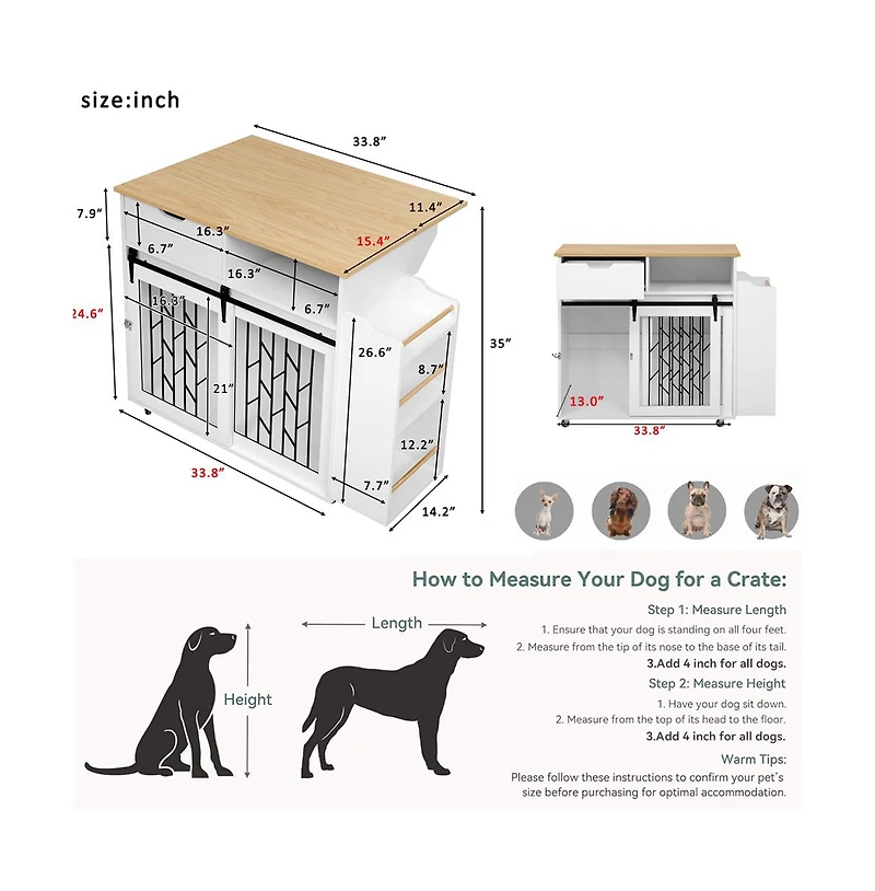 Aostirmotor 41.5 in. Wooden Dog Crate Cabinet with End Table, Rolling casters in White