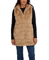 Sebby Collection Women's Hooded Grooved 3/4 Faux Fur Vest