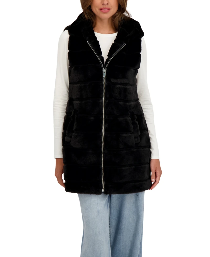 Sebby Collection Women's Hooded Grooved 3/4 Faux Fur Vest