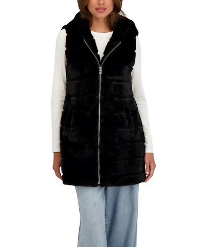 Sebby Collection Women's Hooded Grooved 3/4 Faux Fur Vest