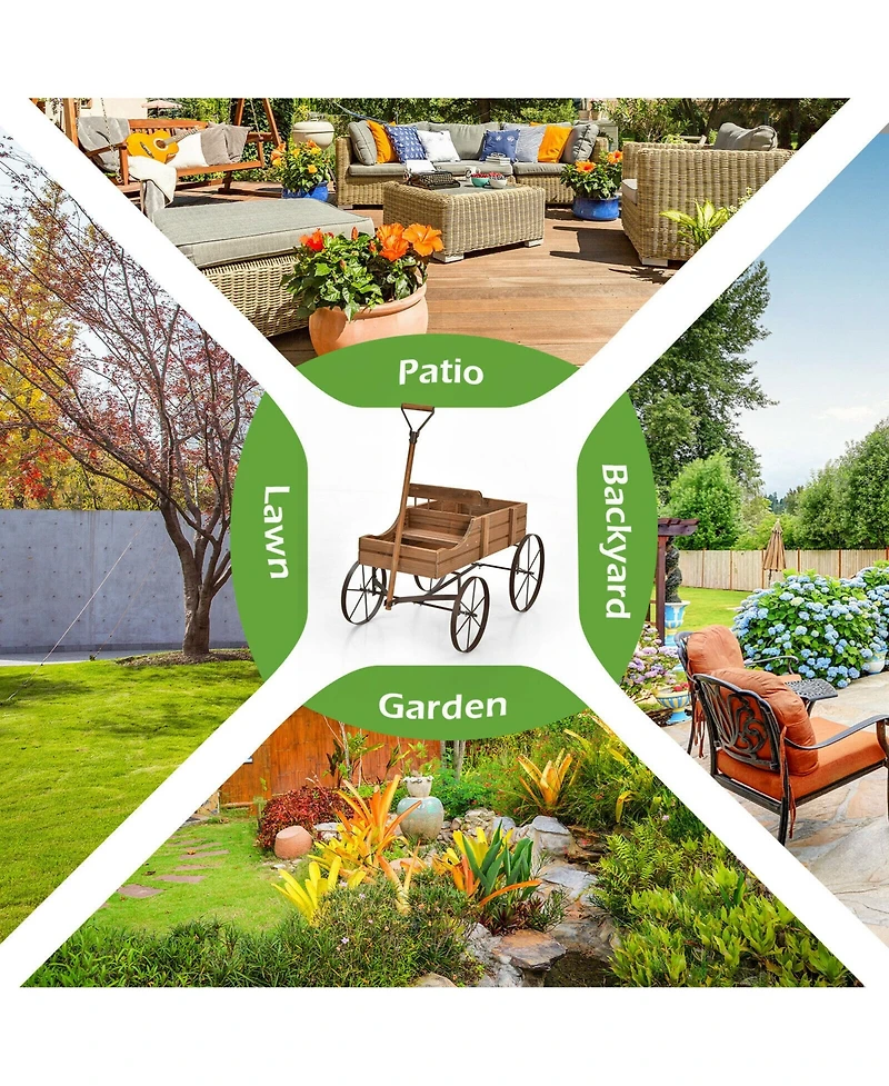 Gymax Garden Plant Planter Wooden Wagon W/ Wheel Yard