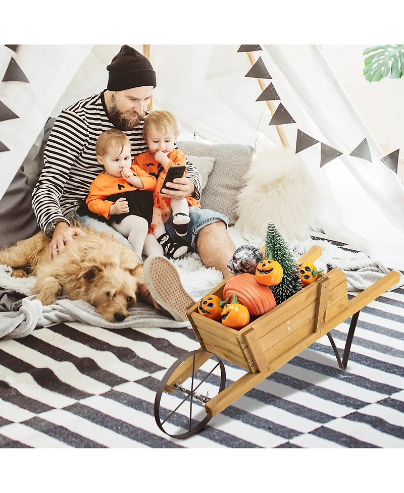Gymax Wooden Wagon Planter Decorative Indoor/ Outdoor Rustic Flower Cart w/ Wheel