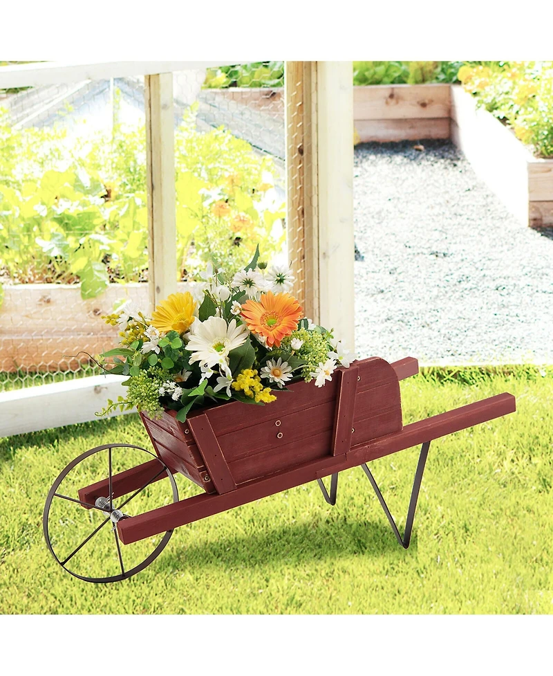 Gymax Wooden Wagon Planter Decorative Indoor/ Outdoor Rustic Flower Cart w/ Wheel