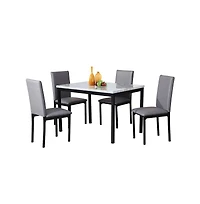 Roundhill Furniture Citico 5-Pc Dinette Set with Faux Marble Top, White Table with Gray Chairs