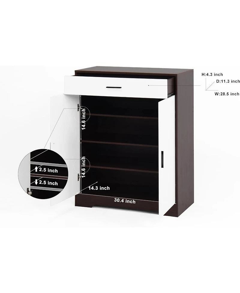 Vanirror Wooden Shoe Rack Organizer - 4-Tier Cabinet with 2 White Doors, Drawer & Adjustable Shelves /Hallway Entryway