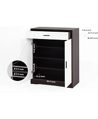 Vanirror Wooden Shoe Rack Organizer - 4-Tier Cabinet with 2 White Doors, Drawer & Adjustable Shelves /Hallway Entryway