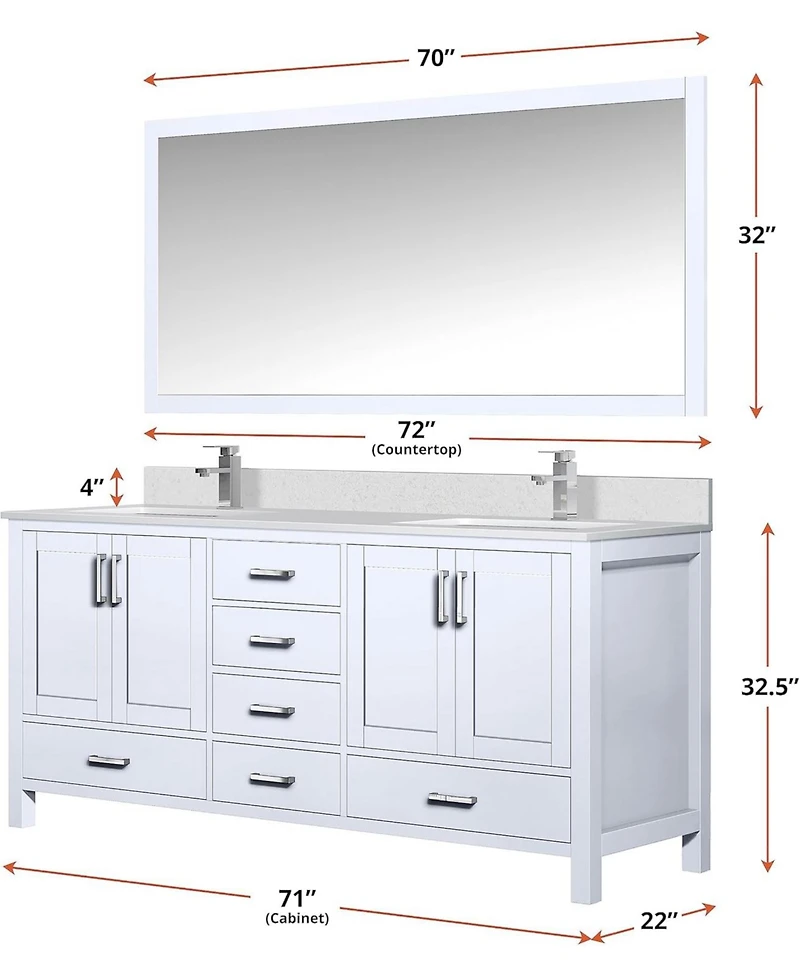 Vanirror 72 Inch Double Bathroom Vanity in White - Freestanding Bath Vanity Cabinet with 2 Drawers, No Top