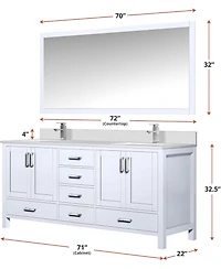 Vanirror 72 Inch Double Bathroom Vanity in White - Freestanding Bath Vanity Cabinet with 2 Drawers, No Top