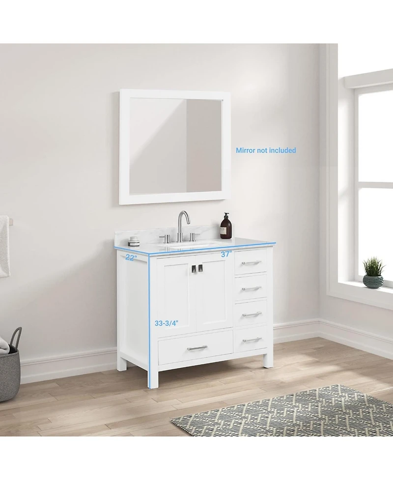 Vanirror 36" Matte White Bathroom Vanity Set with Marble Countertop & Ceramic Sink, Solid Wood Freestanding Vanity for Modern Bathrooms