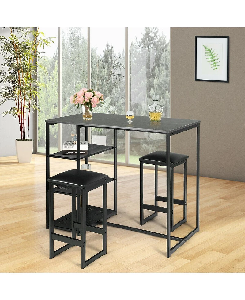 Gymax 3 Piece Pub Set Industrial Style Faux Marble Top Table and 2 Stools Dining Set