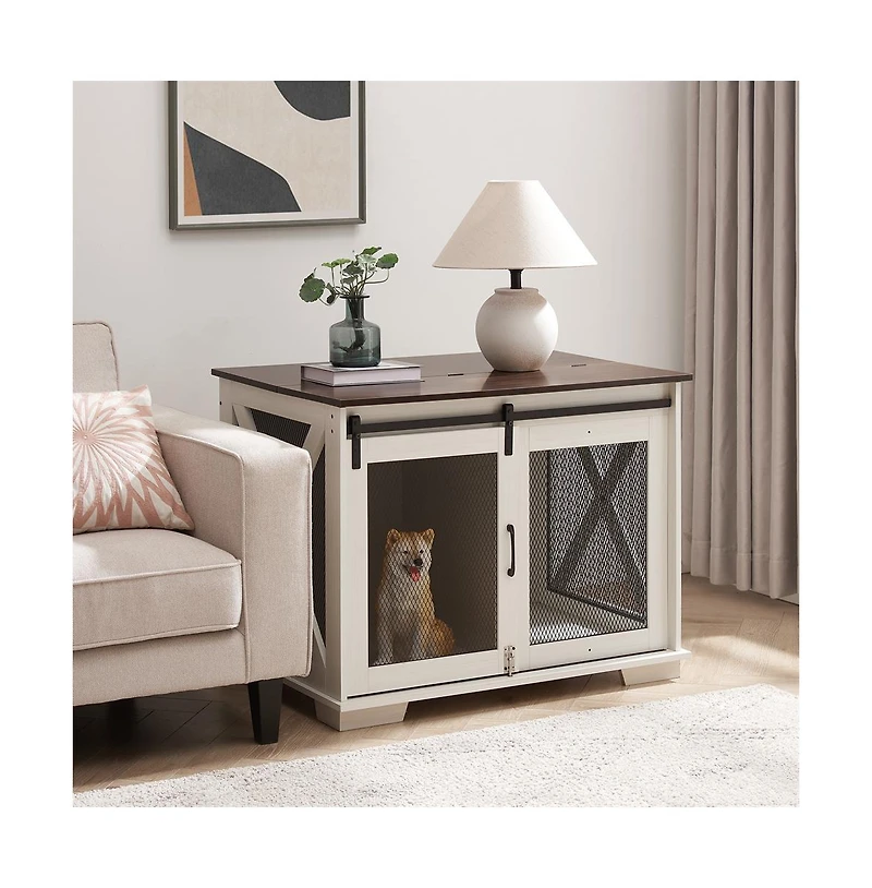 Aostirmotor White Farmhouse Dog Kennel End Table with Barn Door Flip Top and Divider