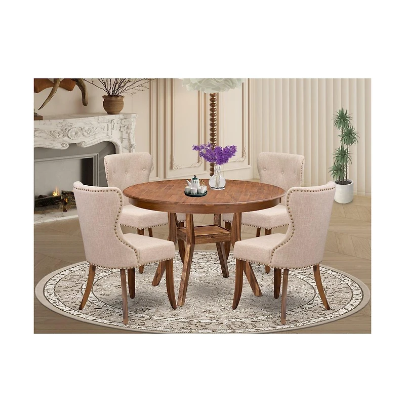Luxe by East West Furniture 5-Pc Dining Set Of A Pedestal Kitchen Table, 4 Light Tan Fabric Kitchen Chairs