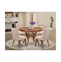 Luxe by East West Furniture 5-Pc Dining Set Of A Pedestal Kitchen Table, 4 Light Tan Fabric Kitchen Chairs
