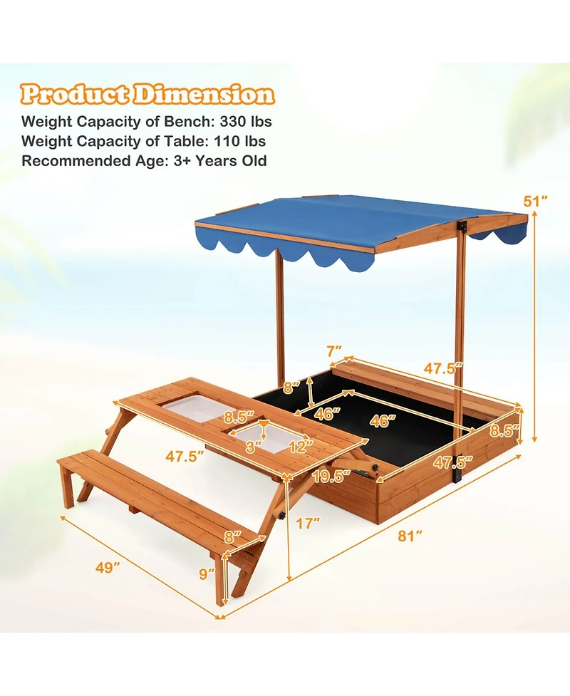 Wooden Sandbox with Lid Cover Kids Outdoor Play Equipment Gift for Ages 3+