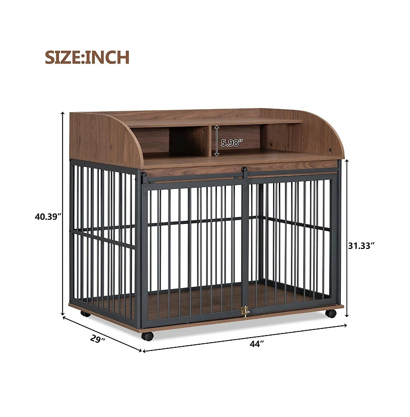 Aostirmotor 44'' Brown Heavy Duty Large Dog Crate Furniture Lockable Wheels Double Layer Storage