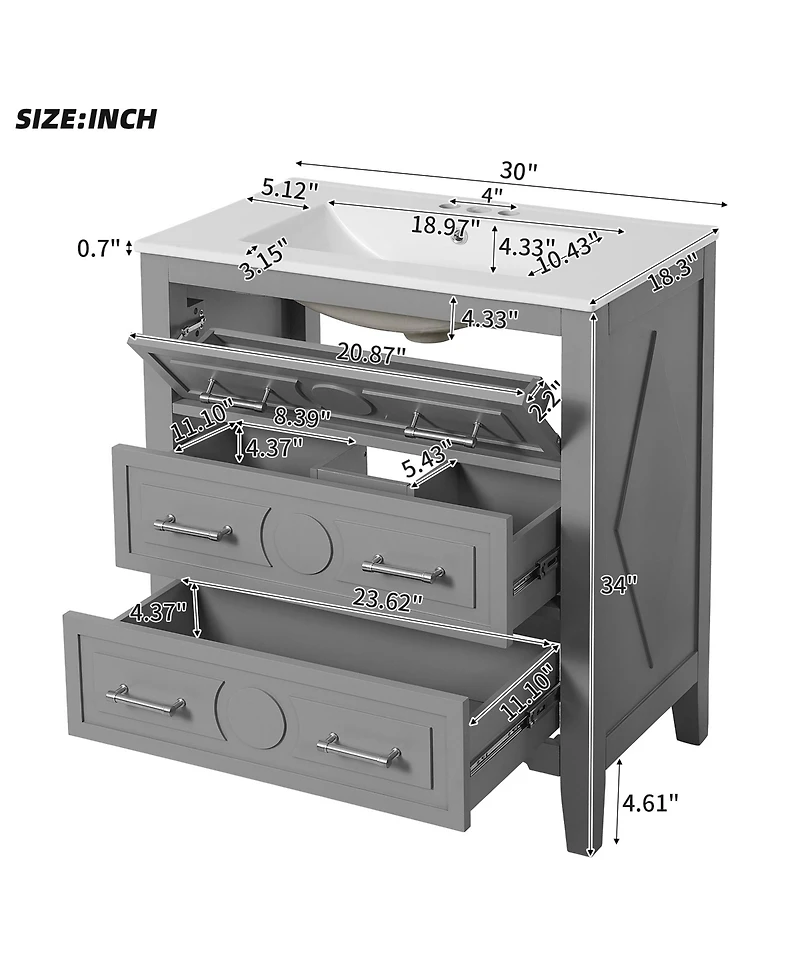 Casainc 30" Freestanding Vanity With Ceramic Sink Combo and 3 Drawers, Solid Wood Frame