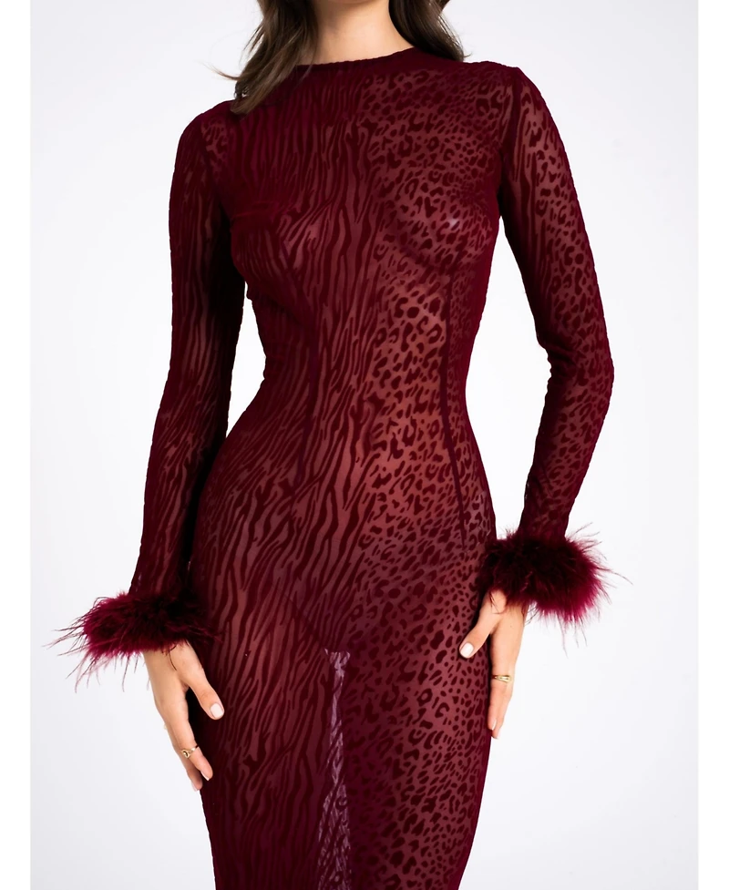 Miss Circle Women's Patricia Burgundy Leopard Burnout Velvet Mesh Backless Maxi Dress