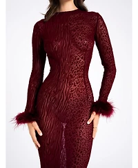 Miss Circle Women's Patricia Burgundy Leopard Burnout Velvet Mesh Backless Maxi Dress