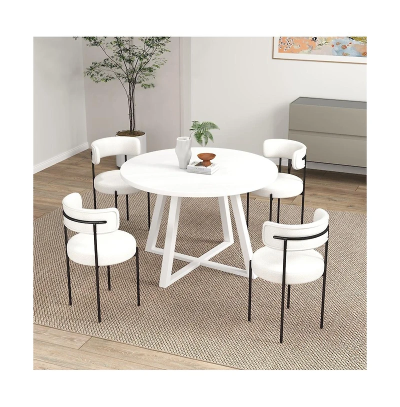 Roundhill Furniture Durban 5-Pc Round Dining Set, Trestle Dining Table with 4 Boucle Chairs