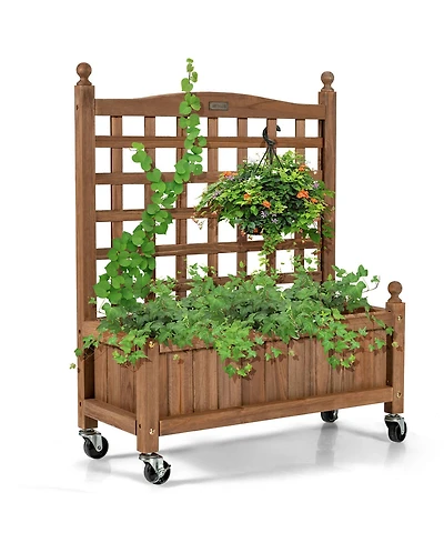 Gymax 32in Wood Planter Box w/Trellis Mobile Raised Bed for Climbing Plant
