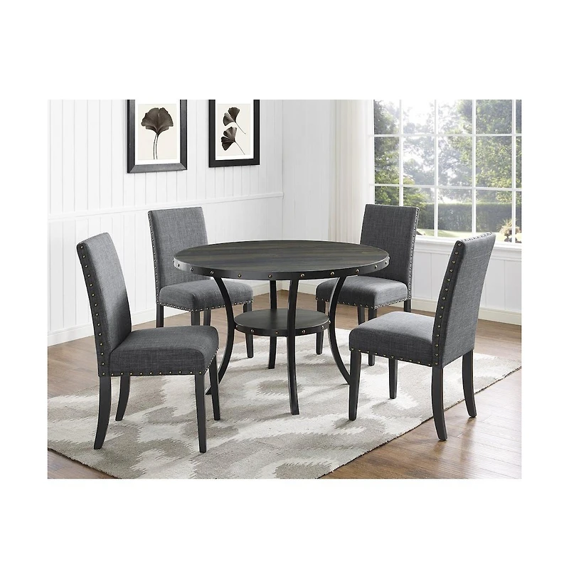 Roundhill Furniture Biony Espresso Wood Dining Set with Gray Fabric Nailhead Chairs, 5-Pc
