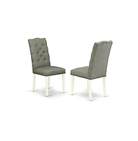 East West Furniture 3 Piece Dining Room Set Consists of 1 Drop Leaves Dining Table and 2 Smoke Linen Fabric Parson Dining Chairs Button Tufted Back wi