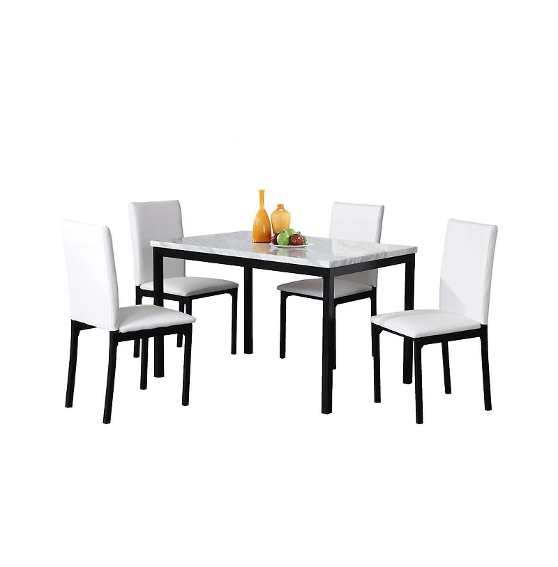 Roundhill Furniture Citico 5-Pc Dinette Set with Faux Marble Top, White Table with White Chairs