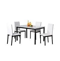 Roundhill Furniture Citico 5-Pc Dinette Set with Faux Marble Top, White Table with White Chairs