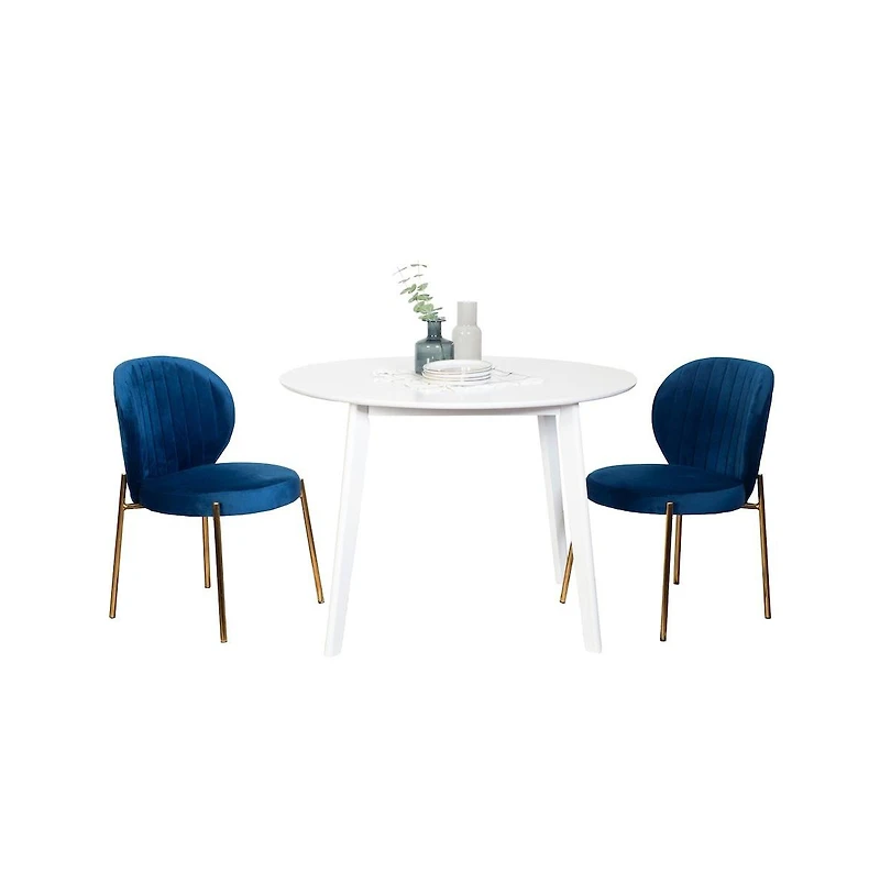 Roundhill Furniture Amoa Contemporary 3-Pc Dining Set, White Round Dining Table and 2 Chairs, Blue