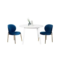 Roundhill Furniture Amoa Contemporary 3-Pc Dining Set, White Round Dining Table and 2 Chairs, Blue