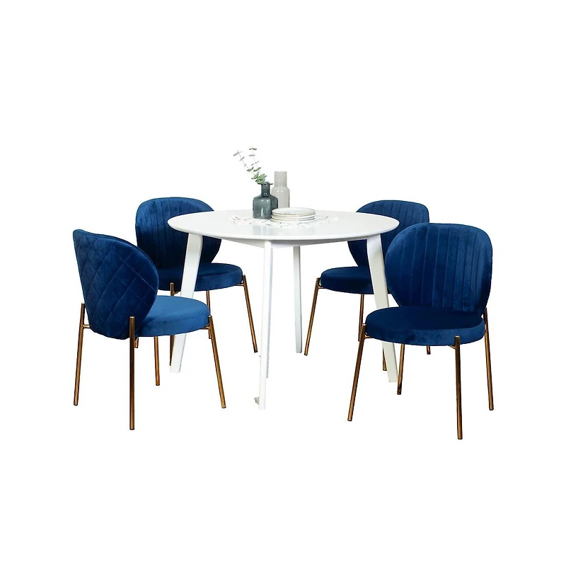 Roundhill Furniture Amoa Contemporary 5-Pc Dining Set, White Round Dining Table with 4 Chairs, Blue
