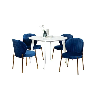 Roundhill Furniture Amoa Contemporary 5-Pc Dining Set, White Round Dining Table with 4 Chairs, Blue
