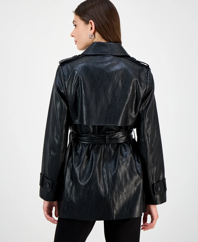 Bcbgmaxazria Women's Double-Breasted Faux-Leather Belted Trench Coat
